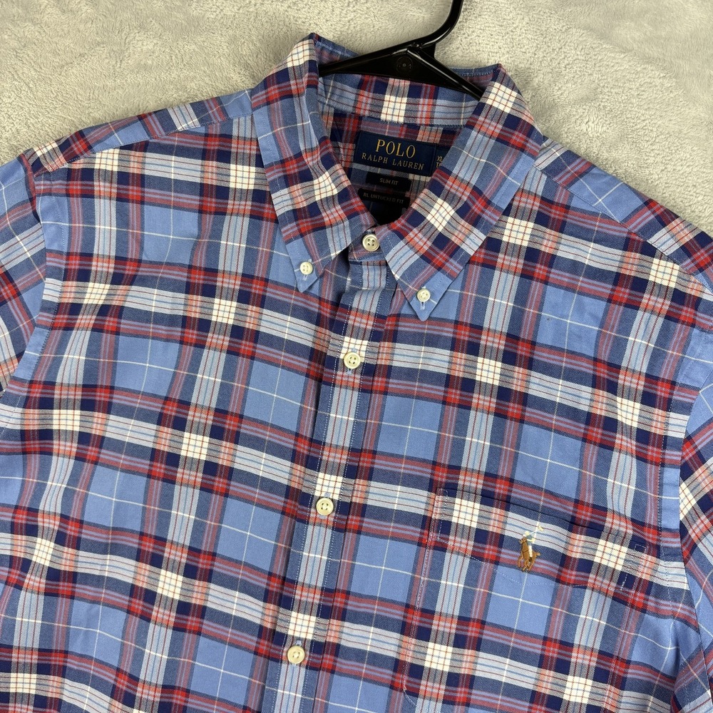 Polo Ralph Lauren Shirt Mens Extra Large Blue Red Plaid Flesh Pony Short Sleeve